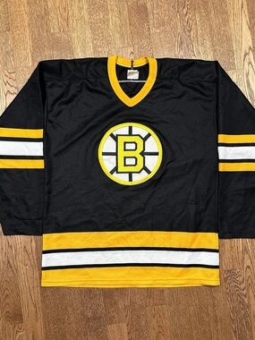 Vintage 80s 90s CCM Maska Boston Bruins Black Yellow Hockey Jersey Mens Large